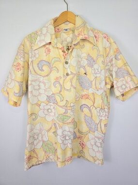 VTG 80s Hobie Surf Floral Popover Polo Shirt Size L Made in USA Retro Surfwear
